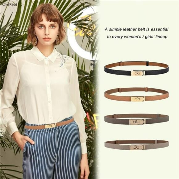 Women Skinny Leather Belt Adjustable Waist Gold Buckle for Dress Jeans Coat